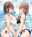  ... 2girls :d ? ass asymmetrical_docking bikini black_bikini blue_ribbon breast_envy breast_press breasts brown_hair cleavage collarbone cowboy_shot day eye_contact from_side highres holding_hands large_breasts looking_at_another multiple_girls navel open_mouth original outdoors poolside purple_eyes red_eyes ribbon shiro_kuma_shake short_hair side-tie_bikini smile speech_bubble spoken_ellipsis strap_gap swimsuit v-shaped_eyebrows 
