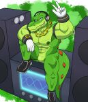  abs absurd_res anthro boombox chain clothing crocodile crocodilian crocodylid dg254 digital_media_(artwork) gloves handwear headphones hi_res humanoid male muscular muscular_anthro muscular_male nipples nude reptile scalie sega simple_background smile solo sonic_the_hedgehog_(series) vector_the_crocodile video_games 