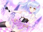  1girl :o bangs bare_shoulders black_thighhighs blue_hair blurry blurry_background blush bow breasts brown_eyes center_frills commentary_request commission depth_of_field frilled_shirt frilled_skirt frills gloves glowstick hair_between_eyes hair_bow hand_up highres holding holding_microphone looking_at_viewer medium_breasts microphone one_side_up original parted_lips pink_bow purple_skirt shikito shirt skeb_commission skirt sleeveless sleeveless_shirt solo thighhighs white_gloves white_shirt 