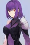  1girl absurdres alternate_costume alternate_hairstyle armor bodysuit breasts fate/grand_order fate_(series) hair_intakes highres large_breasts leotard light_smile looking_at_viewer moedredd purple_bodysuit purple_hair purple_leotard red_eyes scathach_(fate) scathach_skadi_(fate) short_hair shoulder_armor simple_background solo 
