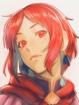  1girl aduti_momoyama closed_mouth dress fire_emblem fire_emblem:_three_houses fire_emblem_warriors:_three_hopes hair_ornament highres long_hair long_sleeves looking_at_viewer monica_von_ochs official_alternate_costume official_alternate_hairstyle red_eyes red_hair short_hair simple_background smile upper_body 