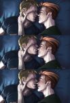  2boys absurdres alina_james artist_name black_shirt blonde_hair blush brown_hair closed_eyes couple eye_contact facial_hair green_shirt highres kiss kissing_nose looking_at_another male_focus multiple_boys porco_galliard reiner_braun shingeki_no_kyojin shirt short_hair smile undercut upper_body yaoi 