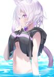  1girl absurdres animal_ears breasts casual cat_ears cat_girl cat_tail clothes_lift from_behind highres hololive hood hoodie kamioka_shun&#039;ya looking_to_the_side midriff navel nekomata_okayu partially_submerged purple_eyes purple_hair shirt_lift short_hair solo tail underboob water 
