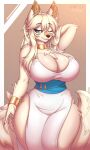  2022 anthro big_breasts breasts canid canine cleavage clothed clothing colored complextree digital_media_(artwork) dress english_text female hi_res mammal one_eye_closed text wink 