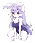  1girl :&lt; animal_ear_fluff animal_ears animal_nose bangs bare_shoulders black_dress breasts bug butterfly butterfly_on_nose claws cleavage dress furry furry_female highres kneeling long_hair looking_at_animal medium_breasts no_bra original parted_lips purple_eyes purple_hair purple_tail rabbit_ears rabbit_girl saaa simple_background solo tail white_background white_fur yellow_butterfly 