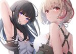  2girls :o arm_behind_head armpits bangs bare_arms bare_shoulders black_hair blonde_hair breasts camisole collarbone commentary_request grey_camisole gun hand_up handgun highres holster holstered_weapon inoue_takina long_hair looking_at_viewer lycoris_recoil medium_breasts multiple_girls nishikigi_chisato parted_lips purple_eyes red_eyes shoulder_holster simple_background sweat tatapopo weapon white_background white_camisole 