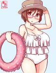  1girl alternate_costume artist_logo bespectacled breasts brown_eyes brown_hair casual_one-piece_swimsuit collarbone commentary_request cowboy_shot dated frilled_swimsuit frills glasses hat holding kanon_(kurogane_knights) kantai_collection large_breasts looking_at_viewer natori_(kancolle) one-hour_drawing_challenge one-piece_swimsuit polka_dot_innertube red-framed_eyewear short_hair solo swimsuit white_swimsuit 