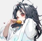  1girl ahoge bandaid bandaid_on_face bandaid_on_nose black_hair c-ms_(girls&#039;_frontline) character_request chicken_leg copyright_request eating food food_on_face forehead fried_chicken girls&#039;_frontline grey_background heart highres holding holding_food jacket long_hair looking_at_viewer lower_teeth open_mouth red_eyes simple_background sleeves_past_wrists solo strap teeth timitarcat upper_body upper_teeth white_jacket 