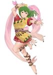  1girl arm_up bow bracelet cosplay dress ebinku fire_emblem fire_emblem:_genealogy_of_the_holy_war fire_emblem:_new_mystery_of_the_emblem full_body green_eyes green_hair grin hair_bow highres jewelry leg_up lene_(fire_emblem) looking_at_viewer medium_hair phina_(fire_emblem) phina_(fire_emblem)_(cosplay) short_dress short_sleeves simple_background smile solo white_background yellow_dress 