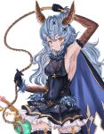  1girl animal_ears arm_up armpits bangs black_cloak black_dress black_gloves black_thighhighs blue_cloak blue_hair breasts brown_sleeves cloak closed_mouth cowboy_shot detached_sleeves dress erune feather-trimmed_sleeves ferry_(granblue_fantasy) gloves granblue_fantasy hair_between_eyes hair_intakes hair_ornament highres holding holding_whip long_hair looking_at_viewer medium_breasts mou_pl sideboob sleeveless sleeveless_dress smile solo thighhighs two-tone_cloak wavy_hair white_background x_hair_ornament yellow_eyes 