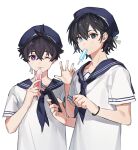  2boys ajiro_shinpei alternate_costume anchun_(quail0503) bangs black_eyes black_hair blue_eyes blue_headwear blue_sailor_collar cellphone chinese_commentary closed_mouth commentary_request crossed_bangs eating food food_in_mouth hair_between_eyes hand_up hat heterochromia highres holding holding_food holding_phone looking_at_viewer male_focus minakata_ryuunosuke mouth_hold multiple_boys one_eye_closed phone popsicle popsicle_in_mouth purple_eyes sailor_collar sailor_hat sailor_shirt shirt short_hair short_sleeves simple_background smile standing summertime_render tupet upper_body white_background white_shirt 