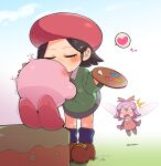  2girls adeleine beret blue_socks blush brown_footwear brown_hair chibi chibi_inset closed_eyes fairy fairy_wings full-face_blush hat heart holding holding_palette kirby kirby:_star_allies kirby_(series) kirby_64 kiss kissing_forehead masha medium_hair multiple_girls palette_(object) red_headwear ribbon ribbon_(kirby) shoes simple_background skirt socks speech_bubble spoken_heart v-shaped_eyebrows wings 