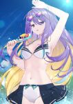  1girl bikini bikini_skirt bracelet breasts eyewear_on_head food fruit gradient_hair highres hololive hololive_indonesia jewelry long_hair moona_hoshinova multicolored_hair navel nyori popsicle purple_eyes purple_hair sunglasses swimsuit tongue tongue_out virtual_youtuber water 