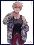  1boy adcalcium alternate_costume animal_print bakugou_katsuki belt black_belt black_border black_tank_top boku_no_hero_academia border clenched_teeth commentary_request cowboy_shot hand_on_own_neck highres jacket jewelry leopard_print long_hair long_sleeves looking_at_viewer male_focus necklace outside_border pants print_jacket red_eyes red_pants short_hair simple_background solo spiked_hair standing tank_top teeth white_background 