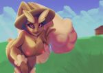  anthro areola big_breasts breasts brown_body brown_fur building clothing digital_media_(artwork) farm female fur hat hat_only headgear headgear_only headwear headwear_only hi_res lagomorph leporid looking_at_viewer lopunny mammal mostly_nude nintendo nipples nude open_mouth outside plant pok&eacute;mon pok&eacute;mon_(species) rabbit red_eyes redsmock sky smile solo solo_focus video_games village 