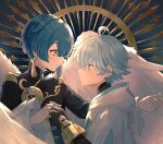  2boys ahoge ari_(bleum) asymmetrical_hair bangs black_gloves blue_background blue_coat blue_eyes blue_hair blunt_bangs blush bracelet chongyun_(genshin_impact) closed_mouth coat colored_eyelashes commentary_request dark_background earrings elbow_gloves eye_contact eyelashes feathered_wings fingerless_gloves frilled_sleeves frills genshin_impact gloves gold_trim hair_between_eyes hand_up holding_hands hood hood_down hooded_jacket interlocked_fingers jacket jewelry long_sleeves looking_at_another male_focus multiple_boys profile shirt short_hair short_sleeves sidelocks single_earring smile tassel tassel_earrings upper_body white_jacket white_shirt white_wings wide_sleeves wings xingqiu_(genshin_impact) yellow_eyes 