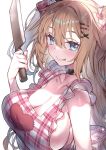  1girl :p akai_haato apron black_choker blonde_hair blue_eyes blush breasts choker cleavage collarbone commentary hair_between_eyes hair_ornament heart heart_hair_ornament heart_print holding holding_knife hololive knife large_breasts long_hair looking_at_viewer plaid plaid_apron print_apron redcomet sideboob simple_background solo tongue tongue_out upper_body virtual_youtuber white_background x_hair_ornament 