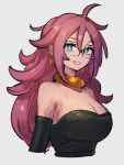  1girl android_21 bare_shoulders blue_eyes breasts choker cleavage dragon_ball dragon_ball_fighterz earrings grey_background hair_between_eyes hoop_earrings jewelry kemachiku long_hair looking_at_viewer majin_android_21 medium_breasts red_hair simple_background smile solo upper_body yellow_choker 