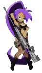  1girl blue_eyes breasts cleavage datwondoude gun highres open_mouth pointy_ears ponytail purple_hair shantae shantae_(series) solo weapon white_background 