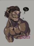  anthro beatriz_rebollo bodily_fluids canid canine hair hair_over_eye hi_res male mammal mid_transformation muscular muscular_male nathan_(beatriz) one_eye_obstructed pecs smiley_face smug_face solo sweat vein were werecanid werecanine werewolf 