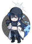  1girl bangs baseball_cap black_footwear black_gloves black_hair black_headwear black_pants blue_archive blue_eyes blue_hair boots breasts chibi commentary crop_top full_body gloves groin halo hand_in_pocket hat holding jacket long_sleeves looking_away medium_breasts midriff multicolored_hair navel nyaru_(nyaru_4126) off_shoulder open_clothes open_jacket pants parted_lips puffy_long_sleeves puffy_sleeves saori_(blue_archive) smile solo standing two-tone_hair v-shaped_eyebrows white_background white_jacket 