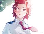  1boy adcalcium blush boku_no_hero_academia collared_shirt commentary_request kirishima_eijirou looking_at_viewer male_focus necktie open_mouth red_eyes red_hair red_necktie school_uniform shirt short_hair solo spiked_hair u.a._school_uniform white_background white_shirt 