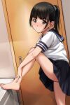  1girl absurdres bad_feet bangs black_hair black_sailor_collar black_skirt blunt_bangs blush brown_eyes collared_shirt cowboy_shot door feet full-face_blush hand_on_own_leg hands_on_feet highres indoors leg_up light long_sleeves looking_at_viewer matsunaga_kouyou medium_hair no_panties no_pants original outstretched_arms pleated_skirt ponytail sailor_collar school_uniform scrunchie shadow shiny shiny_hair shirt short_sleeves skirt smile solo standing toes underskirt upskirt white_scrunchie white_shirt 