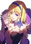  1girl aduti_momoyama blonde_hair blue_eyes blue_hairband bracelet breasts bridal_gauntlets cleavage collarbone colored_inner_hair constance_von_nuvelle dress earrings fire_emblem fire_emblem:_three_houses fire_emblem_warriors fire_emblem_warriors:_three_hopes fur_trim gloves hairband hand_fan highres jewelry large_breasts looking_at_viewer multicolored_hair off-shoulder_dress off_shoulder official_alternate_costume official_alternate_hairstyle simple_background smile solo two-tone_hair upper_body white_background white_gloves 