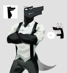  akarugon anthro black_body clothing crossed_arms dress_shirt eyebrows f_(character) female hi_res letter male overalls scalie sharp_teeth shirt solo teeth topwear 