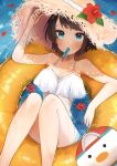  1girl bare_shoulders breasts brown_hair collarbone flower food hat hat_flower highres hololive innertube looking_at_viewer mashiro_io medium_breasts oozora_subaru partially_submerged popsicle popsicle_in_mouth short_hair straw_hat subaru_duck swimsuit virtual_youtuber 