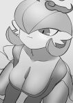  1girl :t bangs blush bob_cut breasts cleavage closed_mouth collarbone commentary_request dynamax from_above gardevoir giant giantess grey_background greyscale hair_over_one_eye highres large_breasts light_blush looking_down monochrome one_eye_covered pero_(pero7762) pokemon pokemon_(creature) short_hair simple_background sitting smoke solo swallowing vore wariza 