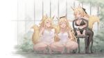  3girls animal_ear_fluff animal_ears arknights aunt_and_niece bare_shoulders barefoot black_bow black_thighhighs blemishine_(arknights) blonde_hair blue_eyes bow breasts commission extra_ears full_body hair_bow happy headpat high_ponytail highres horse_ears horse_girl horse_tail large_breasts lingerie long_hair multiple_girls nearl_(arknights) nipples one_eye_closed open_mouth peeing ponytail pussy rune_(pixiv_25170019) siblings sisters sitting smile squatting tail thighhighs underwear very_long_hair whislash_(arknights) 