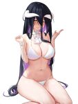  1girl absurdres albedo_(overlord) bangs bare_shoulders bikini black_hair blush breasts cleavage curvy demon_girl demon_horns hair_between_eyes highres horns large_breasts long_bangs long_hair mole mole_under_eye navel overlord_(maruyama) shulanshu simple_background sitting smile solo stomach swimsuit thighs very_long_hair white_background white_horns yellow_eyes 