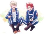  2boys adcalcium bakugou_katsuki black_footwear blonde_hair blue_jacket blue_pants blush boku_no_hero_academia boots closed_eyes collarbone commentary_request full_body gym_uniform hand_on_own_knee highres indian_style jacket kirishima_eijirou long_hair long_sleeves male_focus multiple_boys open_clothes open_jacket open_mouth pants red_hair shirt short_hair signature simple_background sitting spiked_hair u.a._gym_uniform white_background white_shirt 