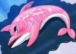  blue_eyes blush bodily_fluids cetacean cum cum_covered delphinoid dolphin_(jewelpet) eyebrows feral genital_fluids male mammal marine messy pink_body shigezo_(pixiv) solo thick_eyebrows toothed_whale water white_body 