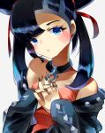  1girl :o absurdres black_choker black_hair black_jacket black_nails blush choker claw_pose dress gao green_eyes hair_ribbon highres jacket jaibus looking_at_viewer marnie_(pokemon) medium_hair open_mouth pendant_choker pink_dress pokemon pokemon_(game) pokemon_swsh red_ribbon ribbon simple_background solo twintails two_side_up upper_body white_background 