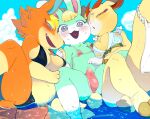  animal_crossing anthro audie_(animal_crossing) big_breasts bikini black_nose blonde_hair blue_eyes blue_inner_ear blue_sky blush blush_lines bodily_fluids breasts brown_inner_ears bulge canid canine canis cervid cleavage cleavage_cutout clothed clothing cloud crying cute_fangs dipstick_ears erection eyelashes fangs female genital_outline glistening glistening_eyes glistening_hair group hair hi_res lagomorph leporid long_ears male mammal multicolored_ears narrowed_eyes navel nintendo open_mouth open_smile outside penis_outline pink_inner_ear rabbit saamon_1010 sasha_(animal_crossing) scut_tail shino_(animal_crossing) short_hair short_tail sky smile squint string_bikini sweat sweatdrop swimwear tears trio video_games water wolf 