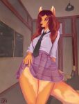  anthro big_nails bottomwear chalkboard clothing cute_eyes felid feline female flowing_hair hair hi_res mammal miniskirt nails necktie panika red_hair school_days school_desk school_uniform skirt solo suit uniform 