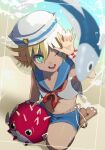  aura_bella_fiora barefoot beach bikini bikini_under_clothes blonde_hair blue_shorts dark-skinned_female dark_elf dark_skin day elf feet fish green_eyes hat lowleg masiro navel one_eye_closed open_mouth overlord_(maruyama) pointy_ears reverse_trap sailor_collar sailor_hat short_hair shorts side-tie_bikini sitting sleeveless smiley_face soles stomach string_bikini swimsuit thighs tomboy 