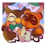  &lt;3 1:1 2020 aloha_shirt animal_crossing anthro arm_around_shoulder arm_markings avian beak bird blush border bow_tie bow_tie_only brown_body brown_feathers brown_fur brown_markings canid canine cheek_spots claws clothed clothing detailed_background digital_media_(artwork) duo eyes_closed facial_markings feathers front_view fur hand_markings head_markings hi_res male mammal markings mask_(marking) mostly_nude multicolored_body multicolored_feathers multicolored_fur nintendo open_mouth open_smile outside_border owl pattern_clothing pattern_shirt pattern_topwear pupafobe raccoon_dog shirt smile tanuki topwear video_games white_border 