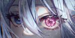  1girl blue_eyes blue_hair close-up commentary covered_mouth crystal_eye eye_focus eyelashes heterochromia highres kika light_blue_hair light_particles light_rays looking_at_viewer pink_eyes project_sekai solo sparkling_eyes winter yoisaki_kanade 