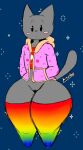  2018 3_toes :&lt; anthro arthurclaws artist_name belly bent_arm black_nose blush bottomless clothed clothing cosmic_background domestic_cat dot_eyes eyelashes feet felid feline felis female fur genitals grey_body grey_fur hand_in_pocket hi_res hoodie legwear looking_at_viewer mammal meme multicolored_clothing multicolored_legwear multicolored_thigh_highs navel nyan_cat pattern_clothing pink_clothing pockets pussy rainbow_clothing rainbow_legwear rainbow_thigh_highs red_clothing red_shirt red_topwear shirt sketch solo spots spotted_clothing starry_background thick_thighs thigh_highs toes topwear youtube 