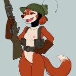  1:1 2022 anthro armor belt biped blue_background breasts brown_nose canid canine clothing digital_media_(artwork) dipstick_tail fangs female fox fur genitals gloves gun hand_on_hip handwear headgear helmet holding_gun holding_object holding_rifle holding_weapon mammal markings mostly_nude mouritzeen_(lenyavok) multicolored_body multicolored_fur nipples open_mouth open_smile orange_body orange_fur purple_eyes pussy ranged_weapon simple_background smile solo tail_markings two_tone_body two_tone_fur weapon white_body white_fur xenopera 