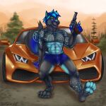  1:1 anthro black_nose blue_body blue_bottomwear blue_clothing blue_eyes blue_fur blue_hair blue_markings blue_pawpads blue_tail bottomwear bulge canid car chest_markings claws clothing dragonrx200 eyebrows fangs fur glistening glistening_eyes glistening_pawpads green_eyebrows green_inner_ear grey_body grey_fur grey_tail gun hair handgun hi_res holding_gun holding_handgun holding_object holding_revolver holding_weapon leg_markings looking_at_viewer male mammal markings outside pawpads plant purple_teeth ranged_weapon red_claws revolver signature smile solo sports_car tree vehicle weapon yaoifairy 
