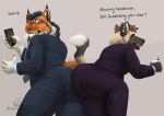  african_wild_dog anthro ass_to_ass beverage black_body black_fur black_hair blush braided_hair brown_hair business_suit butt butt_bump canid canine clothed clothing coffee darius_davis duo embarrassed english_text eyewear facial_tuft fangs felid flirting fully_clothed fur glasses hair hi_res humanoid_hands inner_ear_fluff licking licking_lips looking_at_another male male/male mammal meerkatraka multicolored_body multicolored_fur necktie orange_body orange_fur phone rear_view seductive suit talking_to_another tan_body tan_fur teasing text tongue tongue_out tuft 