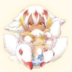  1girl animal_ears bangs body_fur button_eyes character_doll claws covered_mouth doll extra_arms faputa full_body highres holding holding_doll looking_ahead made_in_abyss monster_girl multiple_tails nanachi_(made_in_abyss) short_hair shuaidianwang simple_background sitting solo tail white_fur white_hair yellow_background yellow_eyes 