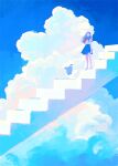  1girl animal bird blue_sky blue_theme cloud highres long_hair original penguin scenery school_uniform serafuku skirt sky stairs tabi_(tabisumika) 