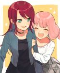  2girls ^_^ arm_hug bang_dream! black_dress blush choker closed_eyes dress green_eyes jacket layered_clothes long_hair low_twintails medium_hair mitoha multiple_girls pink_hair plaid plaid_skirt red_hair shirt skirt smile teeth tsurime twintails udagawa_tomoe uehara_himari upper_body upper_teeth yellow_background yuri 