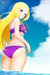  1girl absurdres alternate_costume ass back beach bikini birthday blonde_hair blue_sky breasts cloud cloudy_sky cowboy_shot day from_below fuurin_asumi happy_birthday healin&#039;_good_precure highres long_hair looking_at_viewer looking_down medium_breasts ocean on_kazu outdoors precure purple_bikini purple_eyes sky smile solo sunlight swimsuit water 