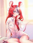  1girl animal_ears bangs black_hair blue_eyes collared_shirt hair_ornament hakos_baelz highres hololive hololive_english long_sleeves mouse_ears mouse_girl mouse_tail multicolored_hair panties panty_peek red_hair shirt sk_jynx streaked_hair tail underwear virtual_youtuber white_hair white_shirt 